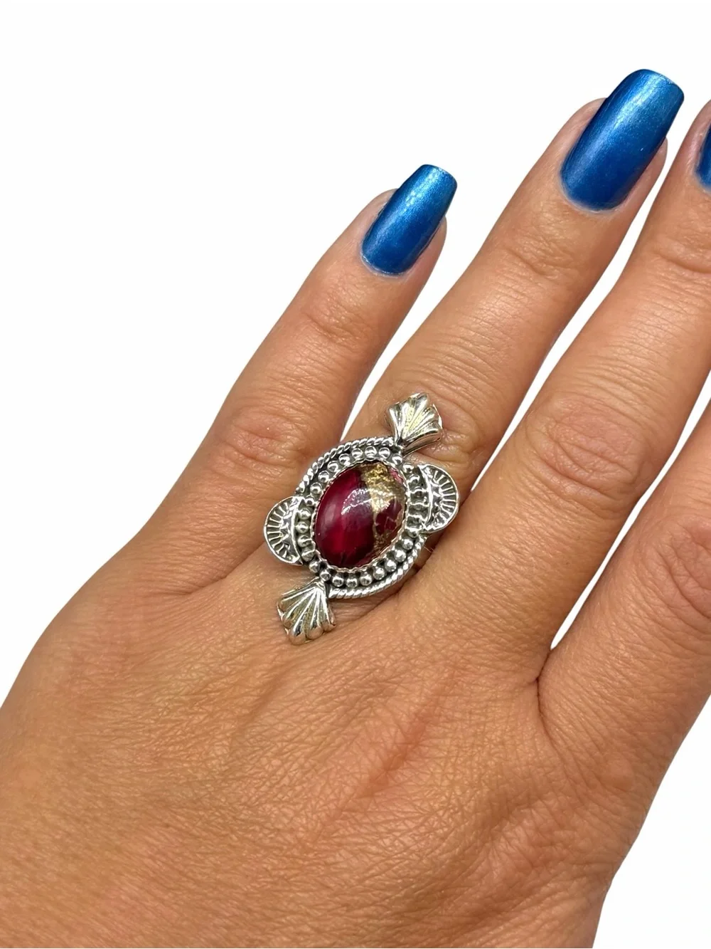 Red Rose Dahlia Kingman Turquoise Ring 925 Sterling Silver Adjustable Size 7 - 9